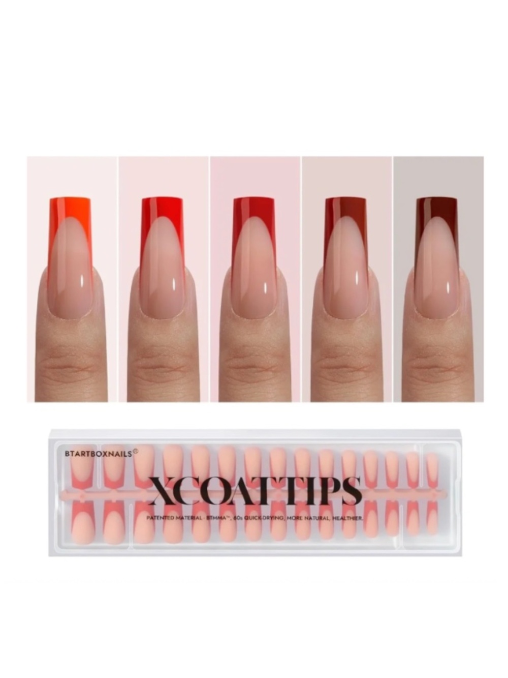 BTArtboxnails XCOATTIPS Pink With Reds French Tip Long Square Press On Nails